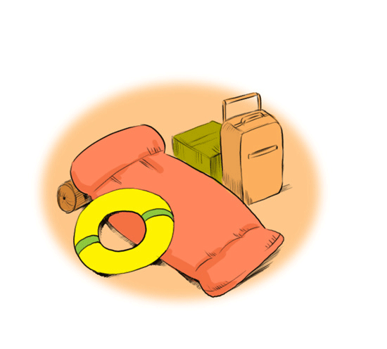 '여행가방,상자,튜브,침구,배개 이미지'