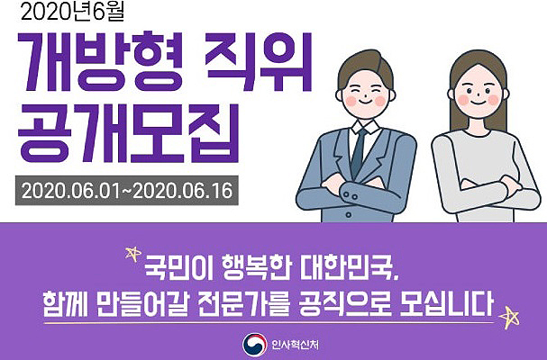 2020년 6월 개방형 직위 공개모집 2020.06.01~2020.06.16 국민이 행복한 대한민국. 함께 만들어갈 전문가를 공직으로 모십니다 인사혁신처